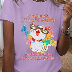 Women’s Cotton Funny Cute Cat Sometimes I Talk To Myself Simple T-Shirt, color:Purple|size:3XL, Lilicloth.com