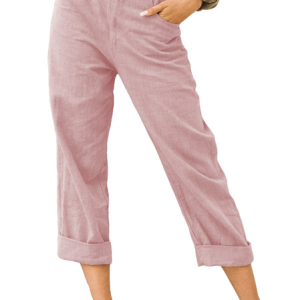 Women's Casual Cropped Cotton Linen Capris Pants Summer Loose Fit Trousers with Pockets, color:Pink|size:3XL, Lilicloth.com