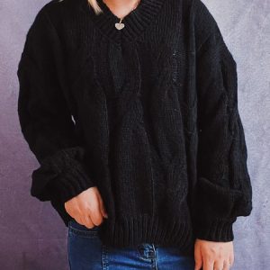 Women Plain Long Sleeve Comfy Casual Sweater, Sweaters, color:Black|size:XL, Noracora