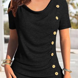 Plain Buttoned Casual Regular Fit Shirt, Blouses, color:Black|size:XXL, Noracora