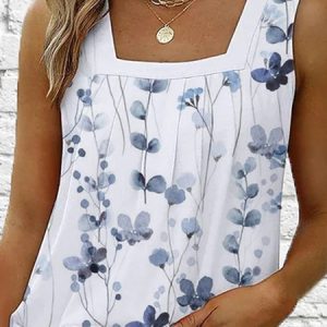 Casual Square Neck Floral Tank Top, Tanks & Camis, color:White|size:XXL, JustFashionNow