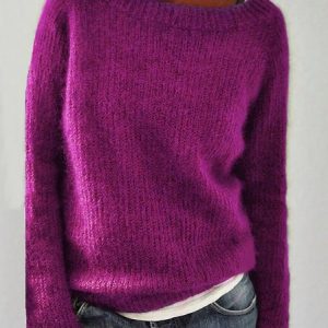 Crew Neck Long-sleeve Knitted Sweater, Sweaters, color:Purple|size:4XL, JustFashionNow
