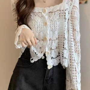 Plain Buckle Lace Jacquard Long Sleeve Casual Kimono, Cardigans, color:White|size:XL, JustFashionNow