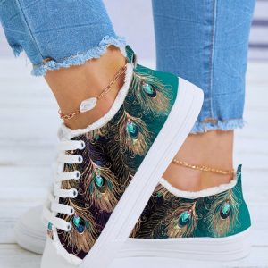 Casual Peacock Feather Print Raw Hem Lace-Up Canvas Shoes, color:As Picture|size:43, Lilicloth.com