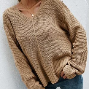Women Wool/Knitting Plain Long Sleeve Comfy Casual Sweater, Sweaters, color:Khaki|size:L, Noracora