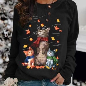 Cute Cat Button Round Neck Casual Sweatshirt, Sweatshirts & Hoodies, color:Black|size:XXL, JustFashionNow