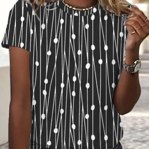 Geometric Crew Neck Casual Short Sleeve T-Shirt, color:Black|size:3XL, Lilicloth.com