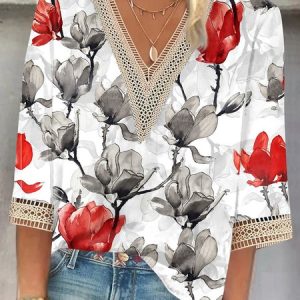 V Neck Cotton-Blend Urban Striped T-Shirt, T-Shirts, color:Color30|size:3XL, JustFashionNow