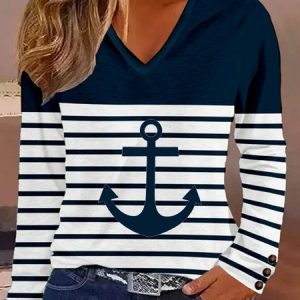 Plus Size V Neck Casual Striped T-Shirt, T-shirts, color:Dark Blue|size:4X, Noracora