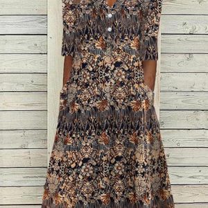 Women Ethnic V Neck Half Sleeve Comfy Ethnic Midi Dress, Dresses, color:Coffee|size:XXL, Noracora