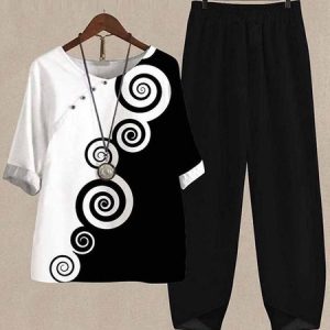 Color Block V Neck Buttoned Casual Two-Piece Set, Suit Set, color:Black-white|size:XXL, JustFashionNow