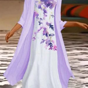 JFN Round Neck Floral Casual Dress & Cardigan, Casual Dresses, color:Purple|size:XXL, JustFashionNow