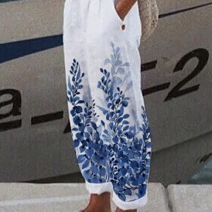Linen ink painting gradient branch and leaf printing loose pocket elastic waist pants Plus Size, Pants, color:Multicolor|size:XXL, JustFashionNow