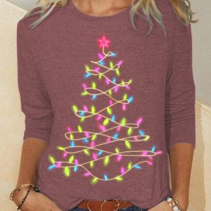 Women's Christmas Tree Light Crew Neck Casual Long Sleeve Top, color:Rose Red|size:3XL, Lilicloth.com