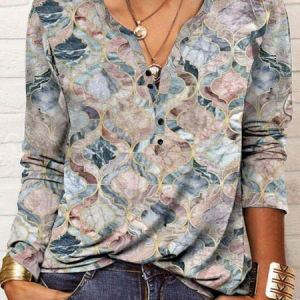 Ethnic Casual V Neck T-Shirt, T-Shirts, color:Multicolor|size:XXL, JustFashionNow