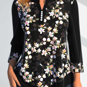 Floral Stand Collar Casual Shirt, Shirts & Blouses, color:Black|size:XXL, JustFashionNow
