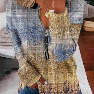 Ethnic Printed Long Sleeve Zipper V Neck Casual Tunic Sweatshirt, Hoodies & Sweatshirts, color:Multicolor|size:XXL, Noracora