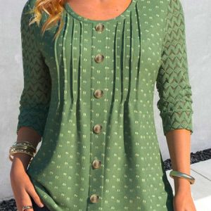 Casual Lace Buckle Plain Long Sleeve Shirt, Shirts & Blouses, color:Green|size:XXL, JustFashionNow