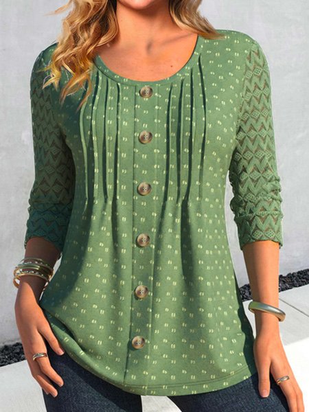 Casual Lace Buckle Plain Long Sleeve Shirt, Shirts & Blouses, color:Green|size:XXL, JustFashionNow