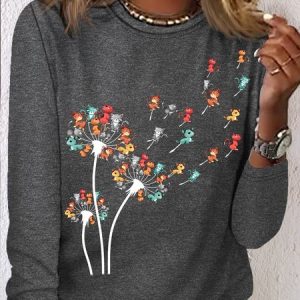 Women's Cat Dandelion Casual Cotton-Blend Shirt, color:Gray|size:3XL, Lilicloth.com