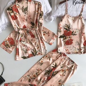 Floral Long-Sleeve Jacket Camisole Trousers Pajamas Three-Piece Set, Sleepwear&Robes, color:Multicolor|size:M, JustFashionNow