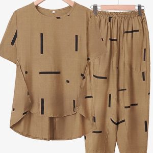 Crew Neck Linen Casual Geometric Two-Piece Set, Suit Set, color:Brown|size:XXL, JustFashionNow