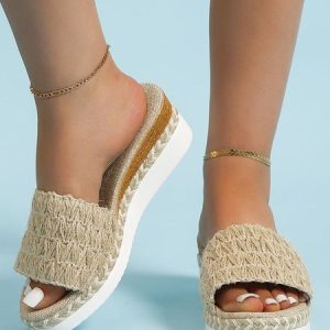 Beach Vacation Straw Hemp Rope Wedge Sandals, Sandals, color:Apricot|size:43, Noracora