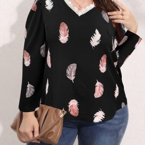 Plus Size V Neck Casual Feather Pattern Loose Shirt, Shirts & Blouses, color:Black|size:4X, JustFashionNow