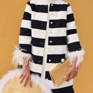 Loose Striped Crew Neck Urban Jacket, Jackets, color:Black-white|size:XXL, Stylewe