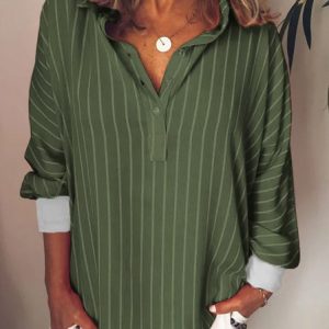 Long Sleeve Casual Stripes Printed Blouse&shirt, Shirts, color:Green|size:XXL, Noracora