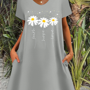 Women's Faith Hope Loose Daisy Casual Dress, color:Gray|size:3XL, Lilicloth.com