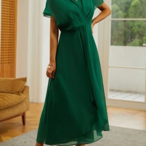 V Neck Elegant Chiffon Plain Dress, Dresses, color:Red|size:XXL, JustFashionNow