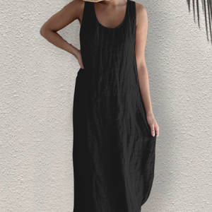 Women Plain Crew Neck Sleeveless Comfy Casual Midi Dress, Dresses, color:Black|size:XXL, Noracora