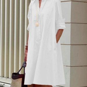 Stylewe Shirt Dress Long sleeve Plain Simple Dress, Dresses, color:White|size:XS, Stylewe