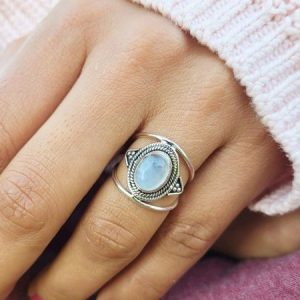 JFN Vintage Ethnic Inlaid Moonstone Ring, Rings, color:Silver|size:10, JustFashionNow