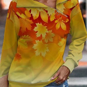 Casual Asymmetrical Leaf Sweatshirt Zipper, Hoodies & Sweatshirts, color:Yellow|size:3XL, Noracora