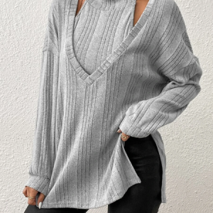 Plain Casual Loose Crew Neck Top, Shirts & Blouses, color:Gray|size:XXL, JustFashionNow