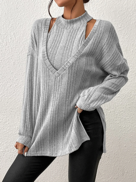 Plain Casual Loose Crew Neck Top, Shirts & Blouses, color:Gray|size:XXL, JustFashionNow