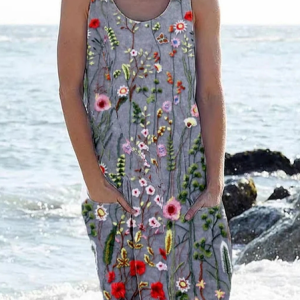Floral Casual Crew Neck Loose Dress With No Belt, Dresses, color:Gray|size:XXL, JustFashionNow