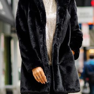 Loose Plain Faux Fur Teddy Jacket, Coats, color:Black|size:XXL, JustFashionNow
