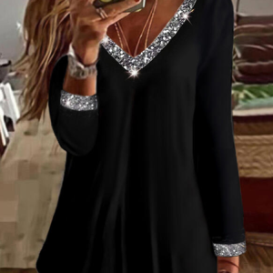 Sequins Casual V Neck Black Top, JustFashionNow T-Shirts, color:Black|size:3XL,