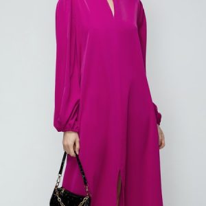 Loose Plain Stand Collar Lantern Sleeve Dress, Midi Dresses, color:Fuchsia|size:XXL, Stylewe