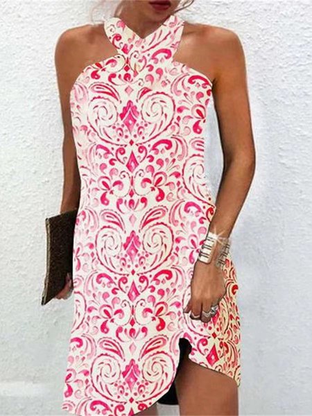 Loose Fashion Abstract Geometric Pattern Halter Neck Dress, Dresses, color:Pink|size:3XL, JustFashionNow