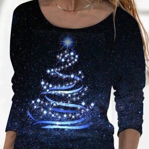 Women's Blue Sweatshirt Christmas Tree Graphic Printed, Long sleeve tops, color:Deep Blue|size:XXL, JustFashionNow