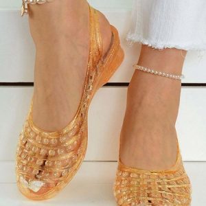 Casual Glitter Hollow Out Waterproof Slingback Shoes, Flats, color:Golden|size:40, JustFashionNow