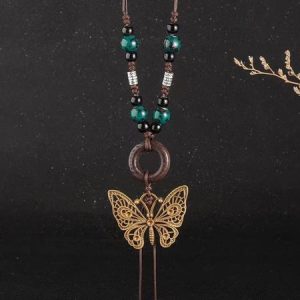 Retro Ceramic Copper Butterfly Pendant Necklace, Necklaces, color:Green|size:One-size, JustFashionNow