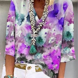 Casual Floral Loose V Neck Three Quarter Top, Shirts & Blouses, color:Purple|size:XXL, JustFashionNow