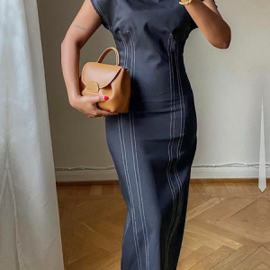 Lightweight Urban Loose Stand Collar Short sleeve Color Block Denim Dress, Maxi Dresses, color:As Picture|size:XXL, Stylewe