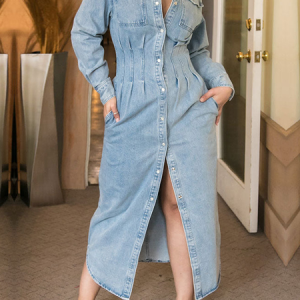 Regular Fit Urban Long Sleeve Plain Denim Maxi Dress Shirt Dress, Midi Dresses, color:Denim Blue|size:XXL, Stylewe