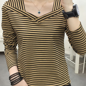 Casual Striped Long Sleeve T-shirt, T-shirts, color:Khaki|size:3XL, Noracora
